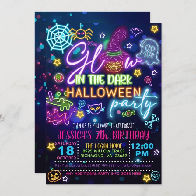 Carte d'invitation d'anniversaire Halloween qui br (Devant / Derrière)