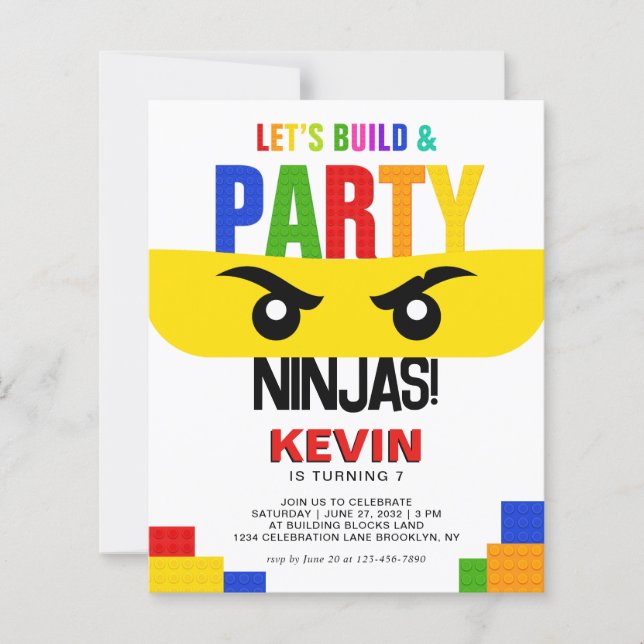 Carte d'invitation d'anniversaire Ninja Blocs de c (Devant)