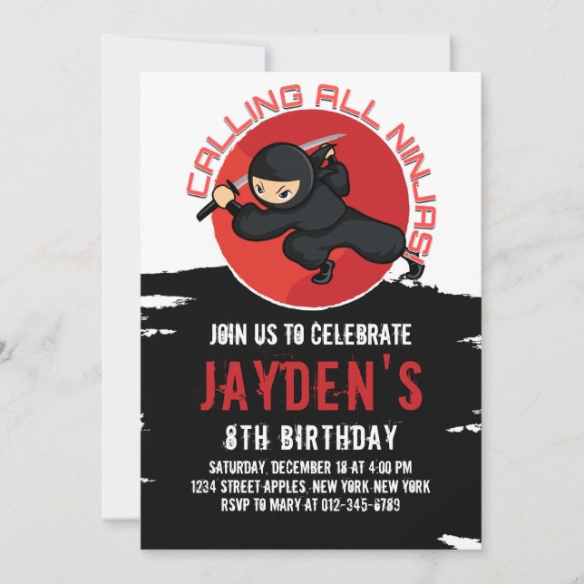 CARTE D'INVITATION D'ANNIVERSAIRE NOIR NINJA (Devant)