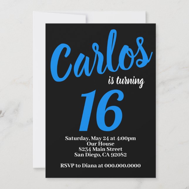 Carte d'invitation d'anniversaire noire et bleue p (Devant)