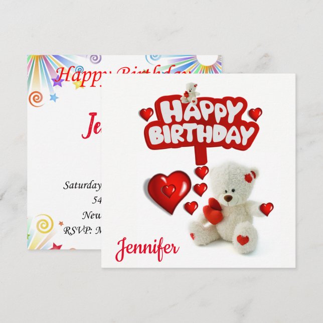 Carte d'invitation d'anniversaire Ours en peluche  (Devant / Derrière)
