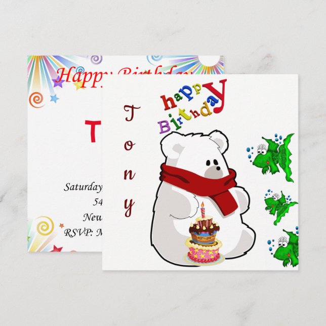 Carte d'invitation d'anniversaire Ours polaire (Devant / Derrière)