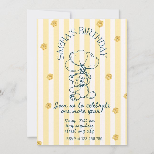 Carte d'invitation d'anniversaire Ourson jaune en  (Devant)