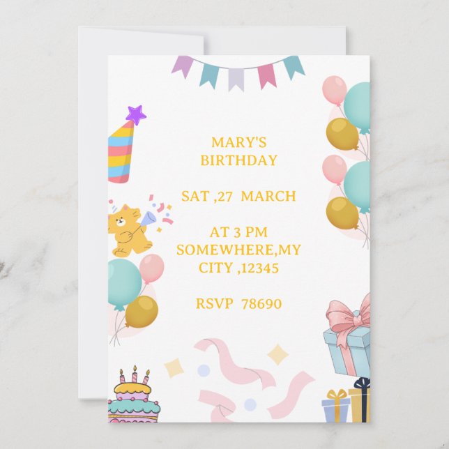 Carte d'invitation d'anniversaire pastel mignonne  (Devant)