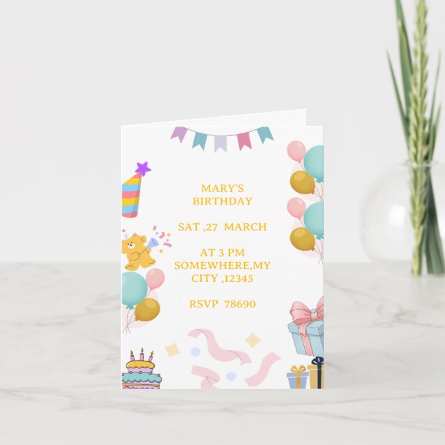 Carte d'invitation d'anniversaire pastel mignonne  (Devant)