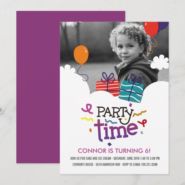 Carte d'invitation d'anniversaire Photo Party Time (Devant / Derrière)