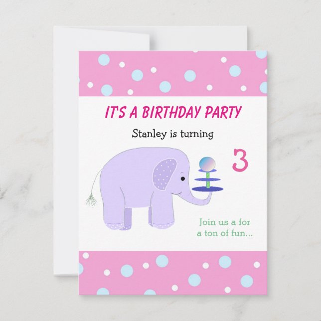 Carte d'invitation d'anniversaire pour éléphant en (Devant)