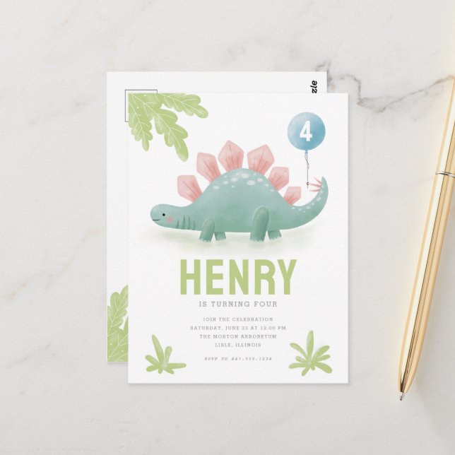 Carte d'invitation d'anniversaire pour enfant dino (Devant/Arrière en situation)