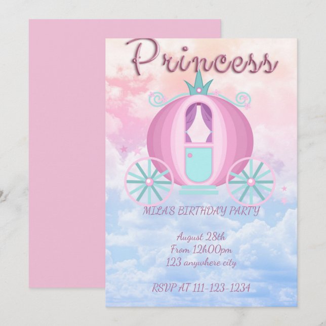CARTE D'INVITATION D'ANNIVERSAIRE PRINCESSE ROSE (Devant / Derrière)