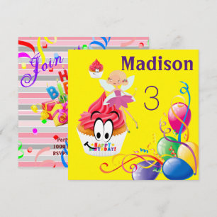 Carte d'invitation d'anniversaire rayée FairyCupca