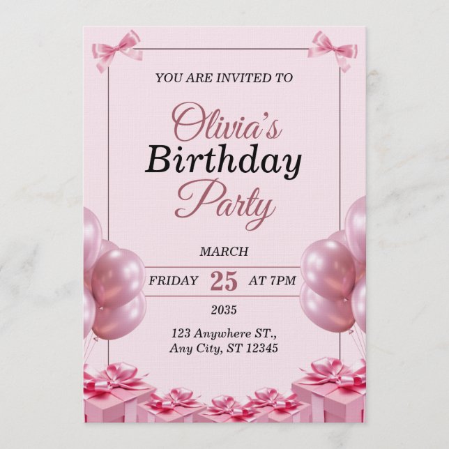 Carte d'invitation d'anniversaire rose élégante (Devant)