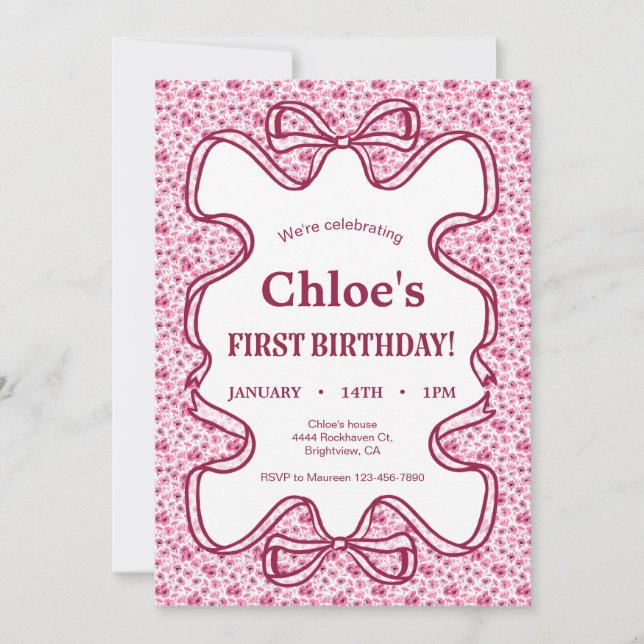 Carte d'invitation d'anniversaire Ruban de fleurs  (Devant)