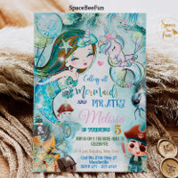 Carte d'invitation d'anniversaire Sirène et Pirate