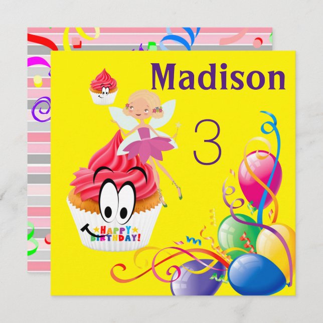 Carte d'invitation d'anniversaire Stripe FairyCupc (Devant / Derrière)