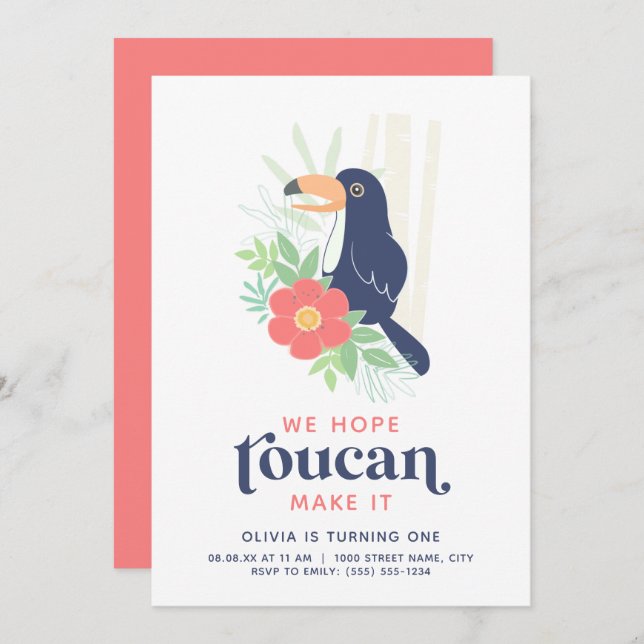 Carte d'invitation d'anniversaire Toucan Palmes Tr (Devant / Derrière)