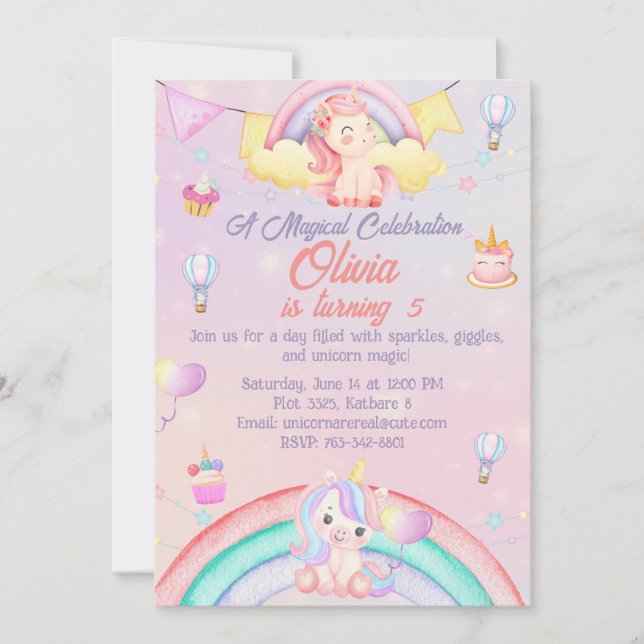 Carte d'invitation d'anniversaire Unicorn personna (Devant)