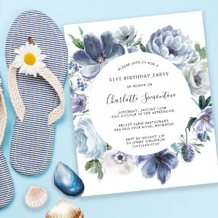 Carte d'invitation de 21e anniversaire à fleurs bl