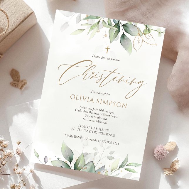 Carte d'invitation de baptême à l'aquarelle de ver (Greenery Watercolor Christening Invitation Card)