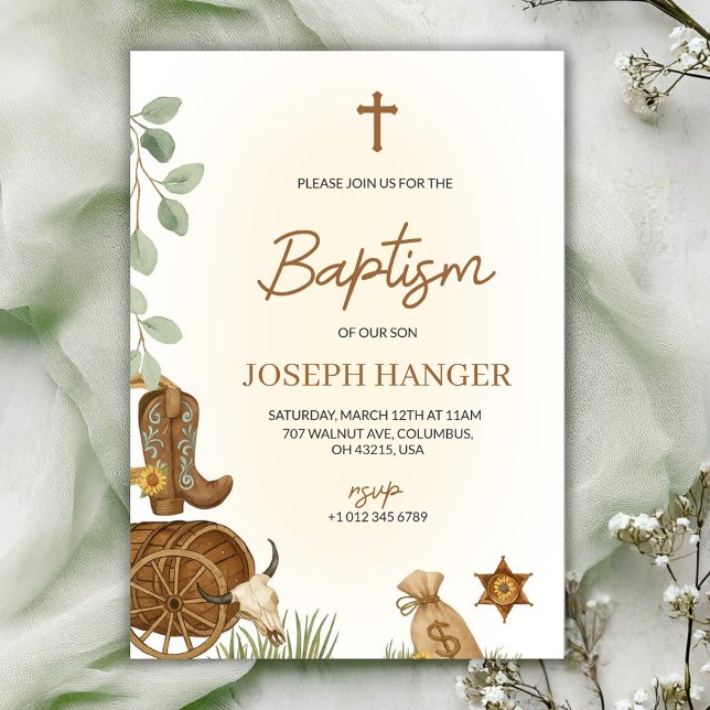 Carte d'invitation de baptême avec un thème rustiq (Créateur téléchargé)