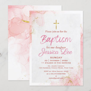 Carte d'invitation de baptême fille rose élégante