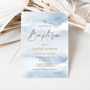 Carte d'invitation de baptême garçon aquarelle ble