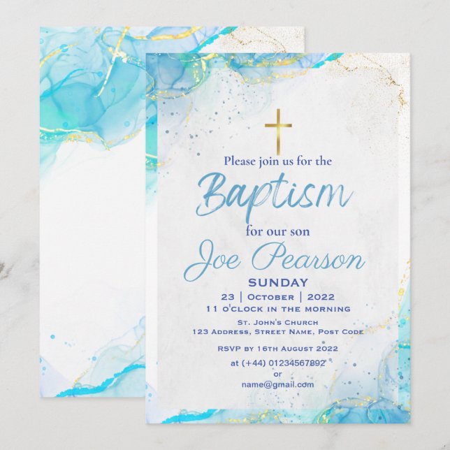 Carte d'invitation de baptême stylée bleue pour fi (Devant / Derrière)