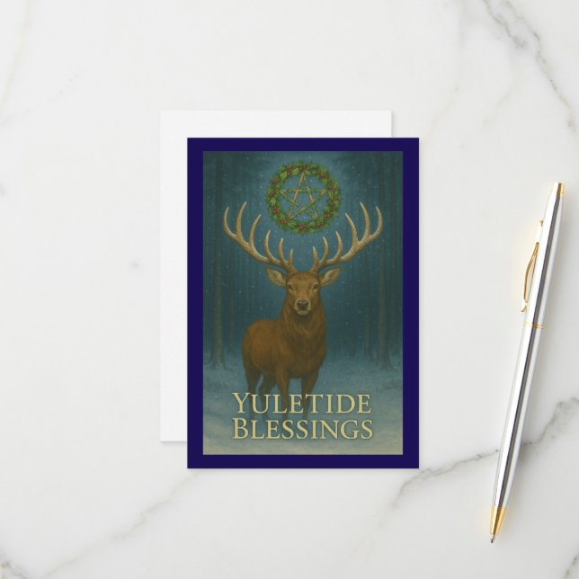 Carte d'invitation de cerf de bénédictions de Yule (Devant/Arrière en situation)