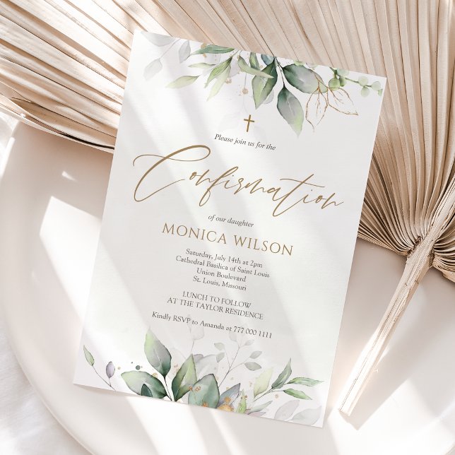 Carte d'invitation de confirmation à l'aquarelle d (Greenery Watercolor Confirmation Invitation Card)