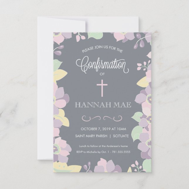 Carte d'invitation de confirmation avec les fleurs (Devant)