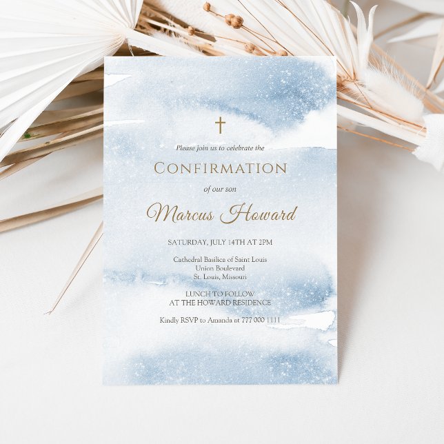 Carte d'invitation de confirmation garçon aquarell (Blue Watercolor Boy Confirmation Invitation Card)