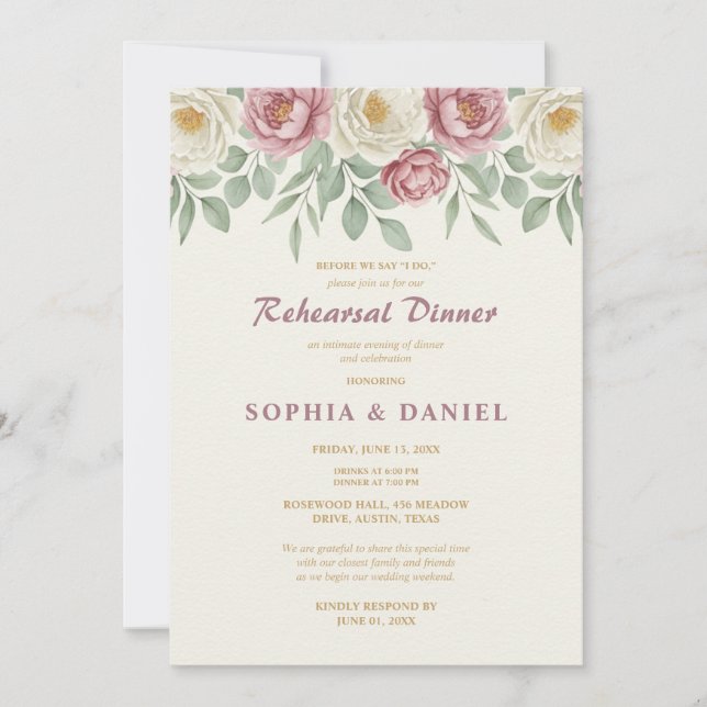 Carte d'invitation de dîner de répétition de pivoi (Devant)