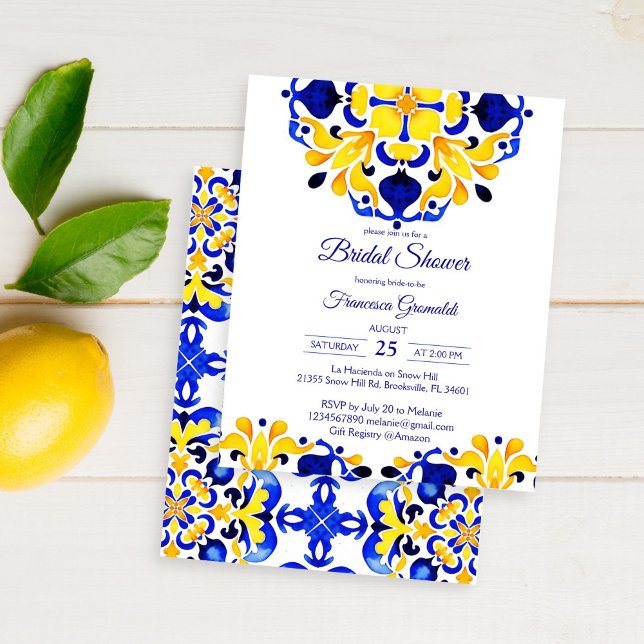 Carte d'invitation de douche de mariage en carreau (Talavera azulejo Maiolica blue tiles Mediterranean Mexican bridal shower affordable budget invite )