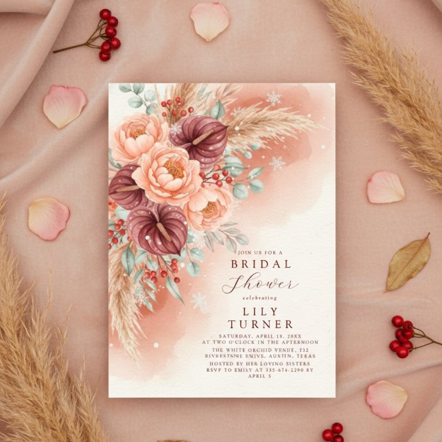 Carte d'invitation de douche de mariée florale de  (Winter Pampas Floral Bridal Shower Invitation Card)