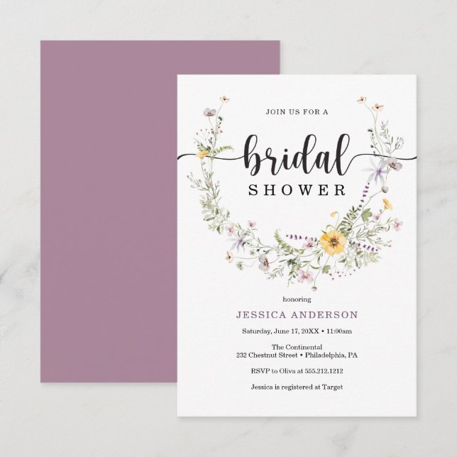Carte d'invitation de douche nuptiale fleur sauvag (Devant / Derrière)