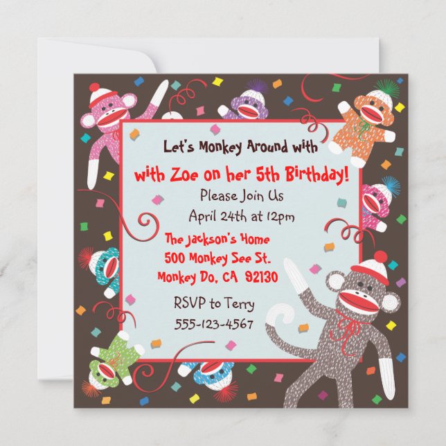 Carte d'invitation de fête d'anniversaire de singe (Devant)