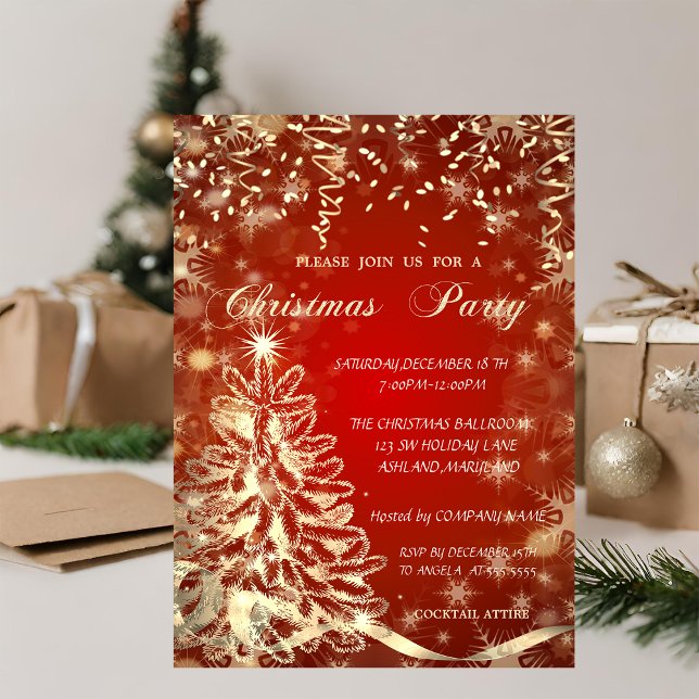 Carte d'invitation de fête de Noël en or, Rouge, I (Créateur téléchargé)
