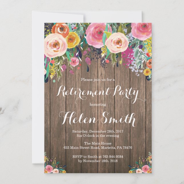 Carte d'invitation de fête de retraite florale rus (Devant)