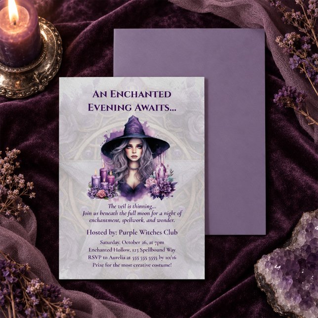 Carte d'invitation de fête d'Halloween de sorcière (Enchanted Purple Witch Halloween Party Invitation)