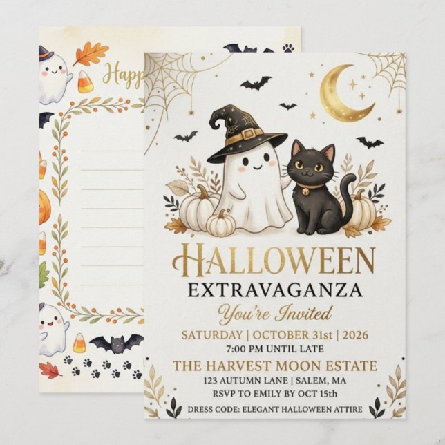Carte d'invitation de fête d'Halloween en noir et  (Devant / Derrière)