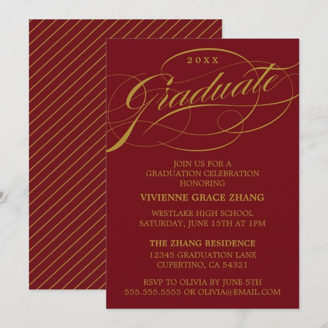 CARTE D'INVITATION DE FIN D'ÉTUDES DE STYLE ÉLÉGAN (Devant / Derrière)