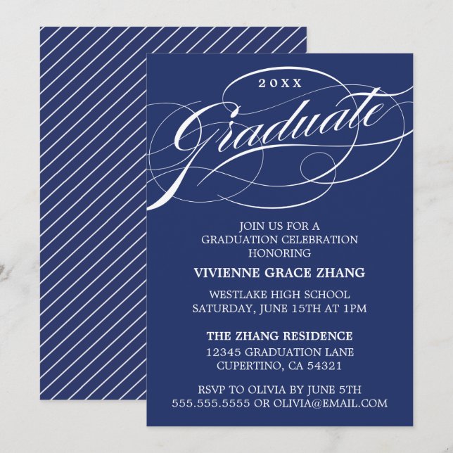 CARTE D'INVITATION DE FIN D'ÉTUDES DE STYLE ÉLÉGAN (Devant / Derrière)