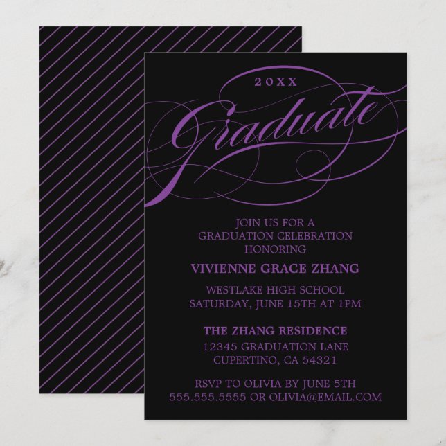CARTE D'INVITATION DE FIN D'ÉTUDES DE STYLE ÉLÉGAN (Devant / Derrière)