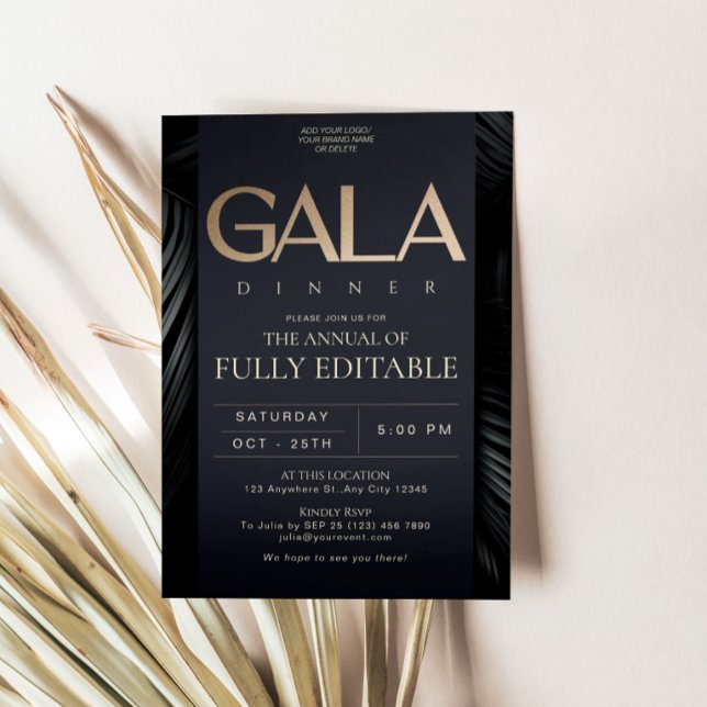 Carte d'invitation de gala élégante en noir et or (Elegant Black Gold Gala Dinner Invitation Card)