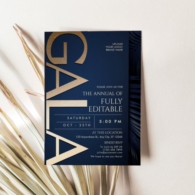 Carte d'invitation de gala luxe bleu marine et or (Luxury Navy Blue and Gold Gala Invitation Card)