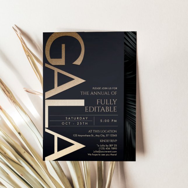 Carte d'invitation de gala moderne noir et or (Modern Black and Gold Gala Invitation Card Template)
