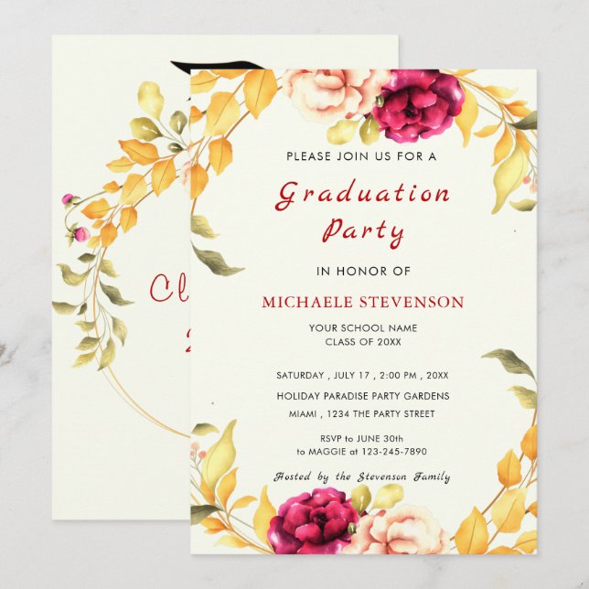 Carte d'invitation de la fête aquarelle avec fleur (Devant / Derrière)