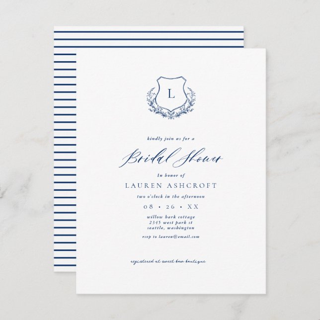 Carte d'invitation de la Marine Blue Crest Bridal  (Devant / Derrière)