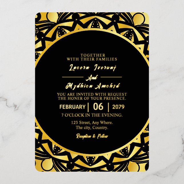 Carte d'invitation de luxe doré pour mariage feuil (Recto)