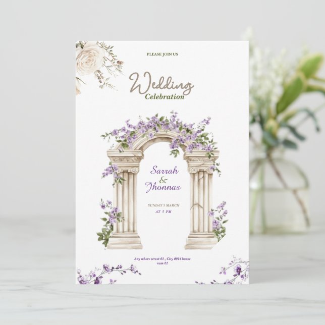 carte d'invitation de mariage à arche florale beig (Debout devant)