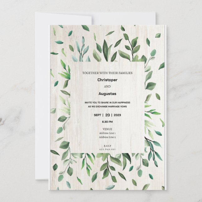 Carte d'invitation de mariage à bordure de verdure (Devant)